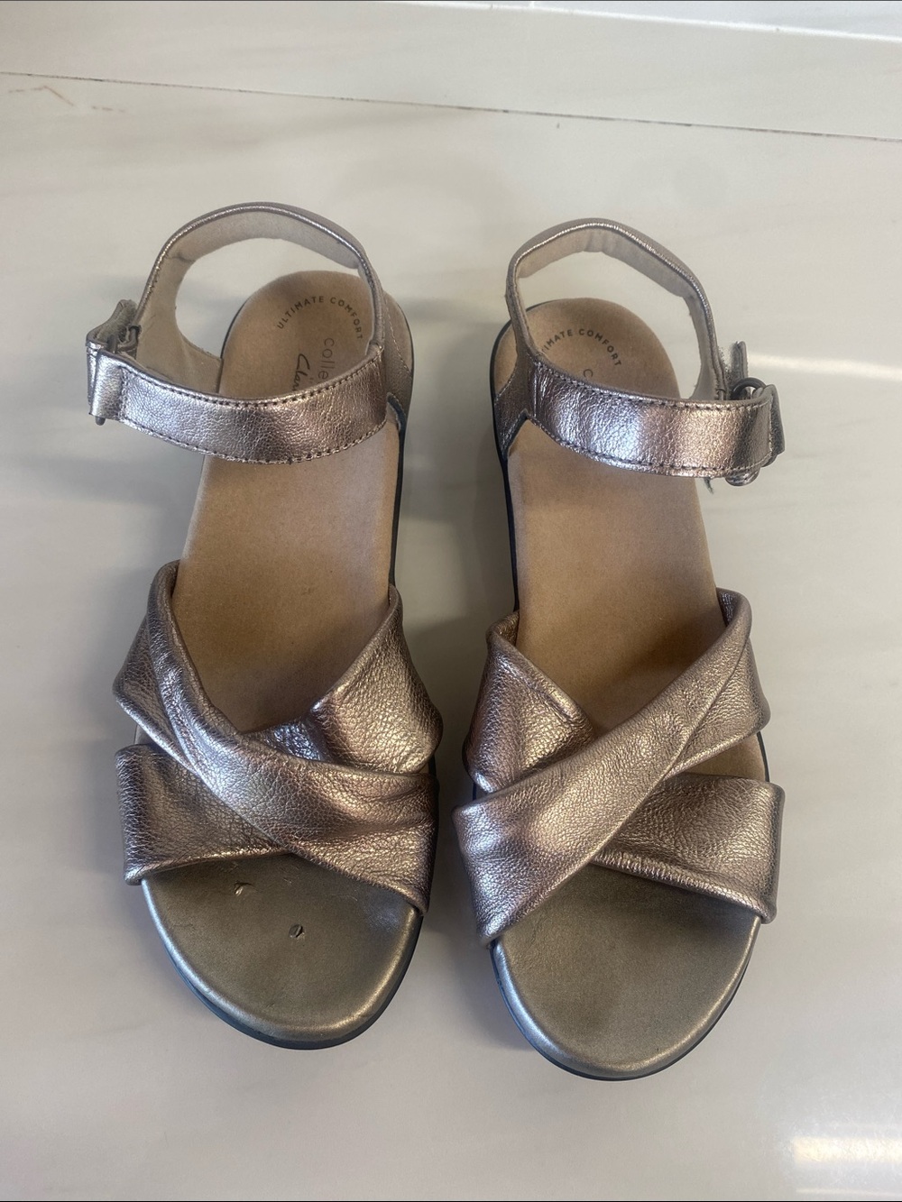ClARKS Metallic Pewter Crisscross Sandals